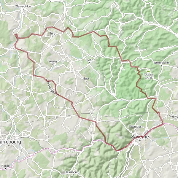 Miniature de la carte de l'inspiration cycliste "Tour Gravel des Vosges du Nord" dans la Alsace, France. Générée par le planificateur d'itinéraire cycliste Tarmacs.app