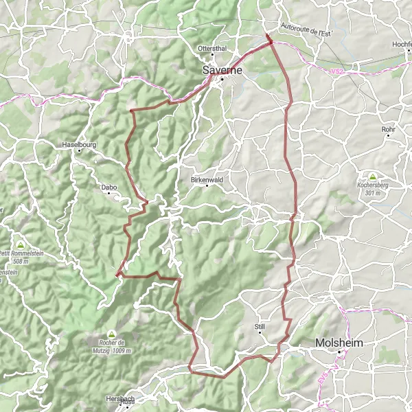 Miniature de la carte de l'inspiration cycliste "Circuit Gravel à travers les collines d'Alsace" dans la Alsace, France. Générée par le planificateur d'itinéraire cycliste Tarmacs.app