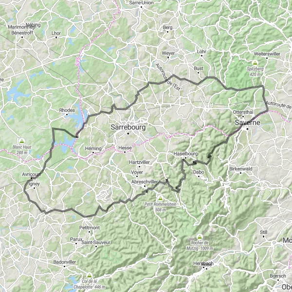 Miniature de la carte de l'inspiration cycliste "Circuit Route des Châteaux d'Alsace" dans la Alsace, France. Générée par le planificateur d'itinéraire cycliste Tarmacs.app