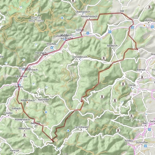 Miniature de la carte de l'inspiration cycliste "Boucle des Sommets" dans la Alsace, France. Générée par le planificateur d'itinéraire cycliste Tarmacs.app