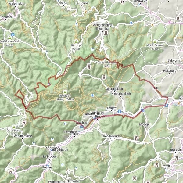 Map miniature of "Gravel Adventure to Le Petit Donon and Schneeberg" cycling inspiration in Alsace, France. Generated by Tarmacs.app cycling route planner