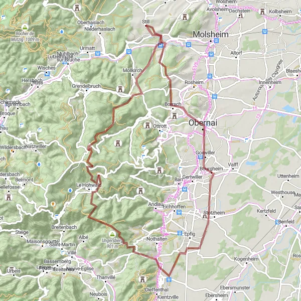 Map miniature of "Gravel Adventure to Rocher du Geissfels and Le Hohwald" cycling inspiration in Alsace, France. Generated by Tarmacs.app cycling route planner