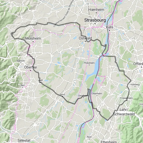 Map miniature of "The Picturesque Wine Route" cycling inspiration in Alsace, France. Generated by Tarmacs.app cycling route planner