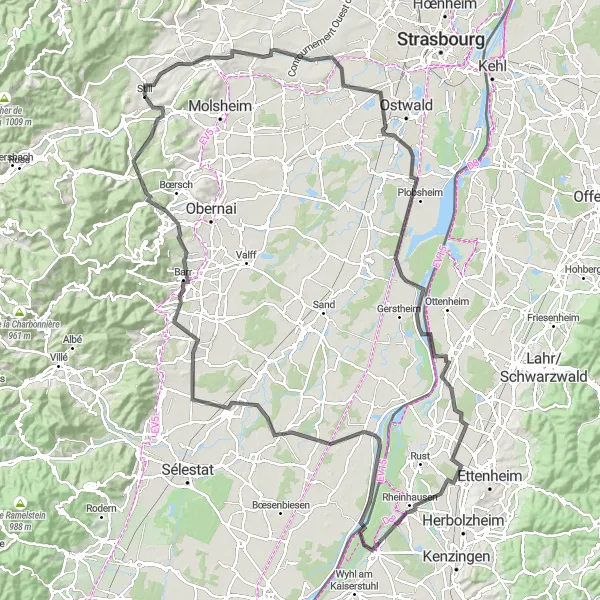 Miniature de la carte de l'inspiration cycliste "Grand Tour des Villages d'Alsace" dans la Alsace, France. Générée par le planificateur d'itinéraire cycliste Tarmacs.app