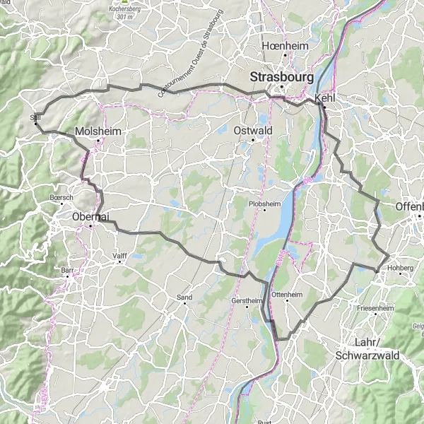 Map miniature of "Route to Rocher du Geissfels" cycling inspiration in Alsace, France. Generated by Tarmacs.app cycling route planner