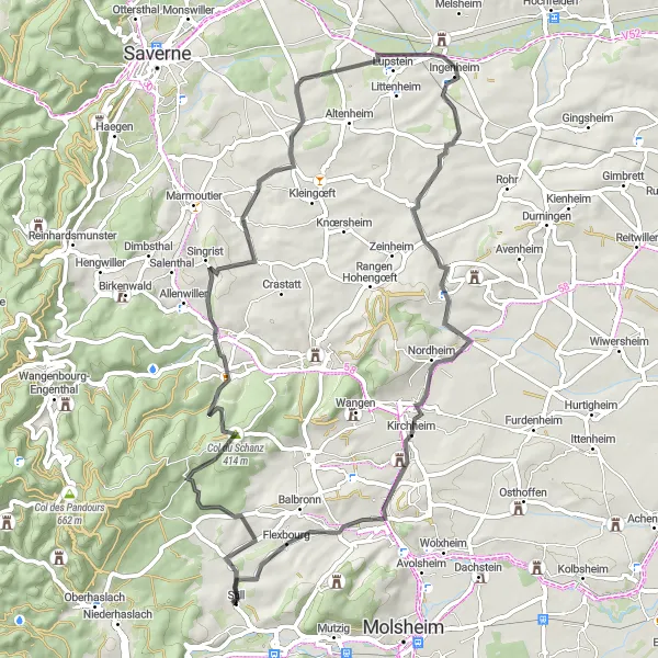 Miniature de la carte de l'inspiration cycliste "Parcours des Collines d'Alsace" dans la Alsace, France. Générée par le planificateur d'itinéraire cycliste Tarmacs.app