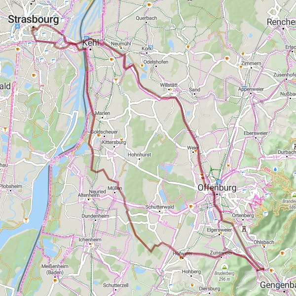 Map miniature of "The Gravel Trail to Offenburg" cycling inspiration in Alsace, France. Generated by Tarmacs.app cycling route planner