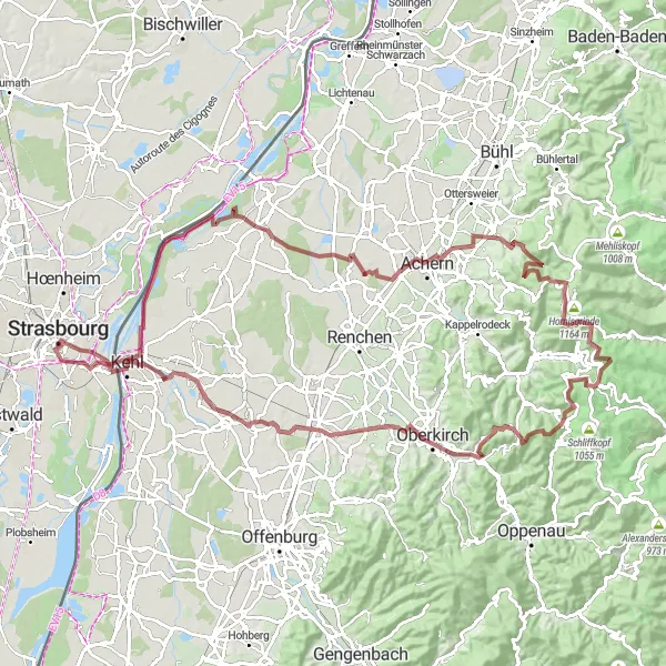 Miniature de la carte de l'inspiration cycliste "La grande boucle des crêtes vosgiennes" dans la Alsace, France. Générée par le planificateur d'itinéraire cycliste Tarmacs.app
