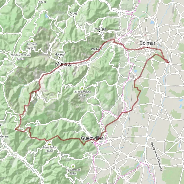 Map miniature of "Grand Ballon and the Three Valleys" cycling inspiration in Alsace, France. Generated by Tarmacs.app cycling route planner