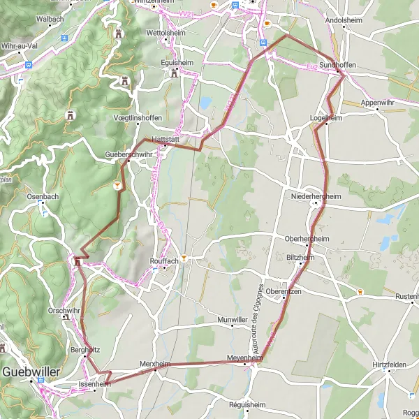 Map miniature of "Landscape and Ancient Sites" cycling inspiration in Alsace, France. Generated by Tarmacs.app cycling route planner