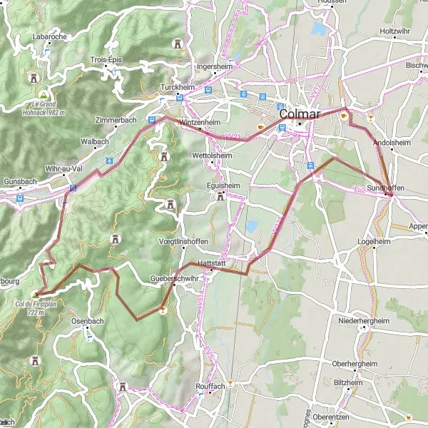 Map miniature of "Off-Road Adventure to Colmar" cycling inspiration in Alsace, France. Generated by Tarmacs.app cycling route planner