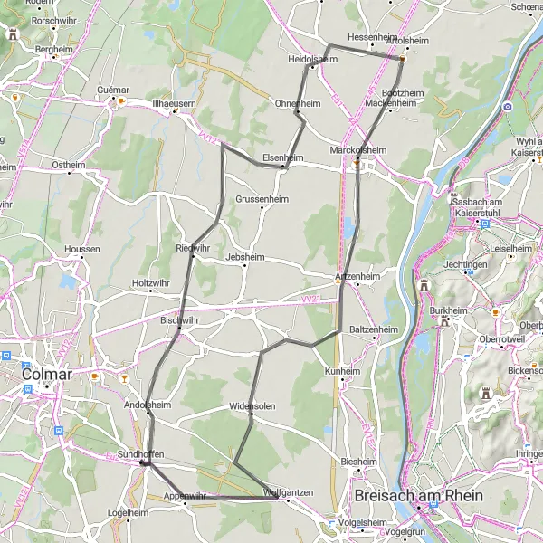 Map miniature of "Artolsheim and Widensolen Loop" cycling inspiration in Alsace, France. Generated by Tarmacs.app cycling route planner