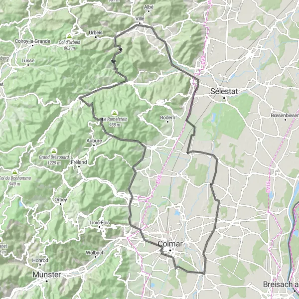 Miniature de la carte de l'inspiration cycliste "Parcours des Collines d'Alsace" dans la Alsace, France. Générée par le planificateur d'itinéraire cycliste Tarmacs.app