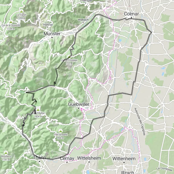 Miniature de la carte de l'inspiration cycliste "Les Montagnes d'Alsace en vélo de route" dans la Alsace, France. Générée par le planificateur d'itinéraire cycliste Tarmacs.app