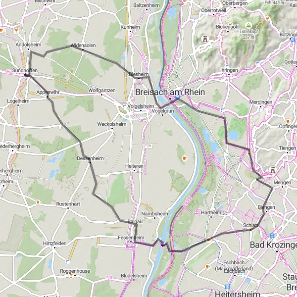 Map miniature of "Scenic Ride to Breisach am Rhein" cycling inspiration in Alsace, France. Generated by Tarmacs.app cycling route planner