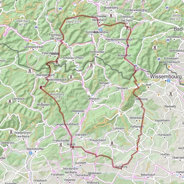 Miniature de la carte de l'inspiration cycliste "Aventure de Gravel à travers Wœrth et Bobenthal" dans la Alsace, France. Générée par le planificateur d'itinéraire cycliste Tarmacs.app