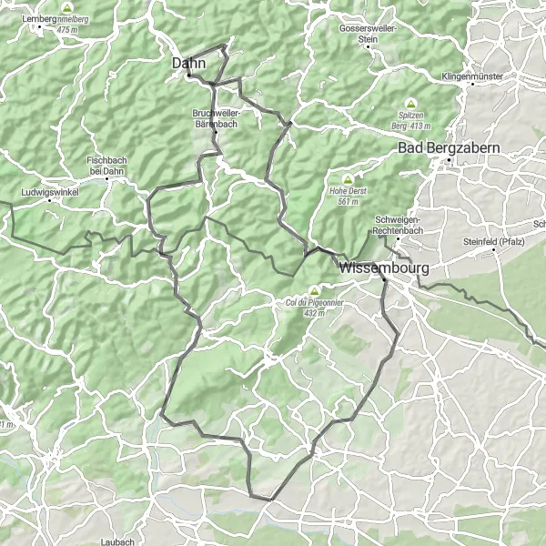 Map miniature of "Gœrsdorf - Hirschthal - Brackenberg - Eisenbahn - Erfweiler - Grünberg - Erlenbach bei Dahn - Probstberg - Wissembourg - Surbourg" cycling inspiration in Alsace, France. Generated by Tarmacs.app cycling route planner