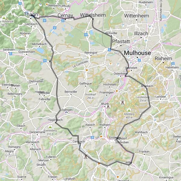 Miniature de la carte de l'inspiration cycliste "Le Tour des Villages du Sundgau" dans la Alsace, France. Générée par le planificateur d'itinéraire cycliste Tarmacs.app