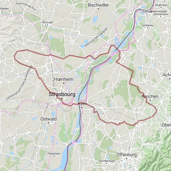 Miniature de la carte de l'inspiration cycliste "Tour de l'Ill et du Rhin" dans la Alsace, France. Générée par le planificateur d'itinéraire cycliste Tarmacs.app