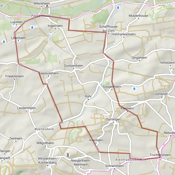 Map miniature of "Truchtersheim Loop with Hohberg" cycling inspiration in Alsace, France. Generated by Tarmacs.app cycling route planner