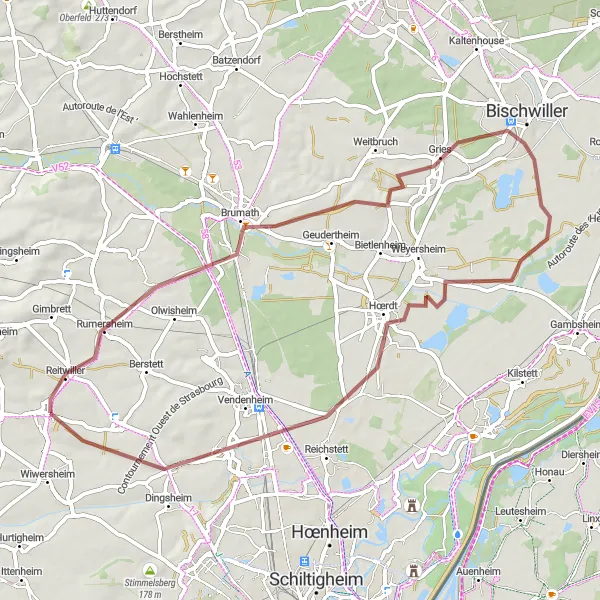Map miniature of "Truchtersheim to Griesheim-sur-Souffel Gravel Ride" cycling inspiration in Alsace, France. Generated by Tarmacs.app cycling route planner