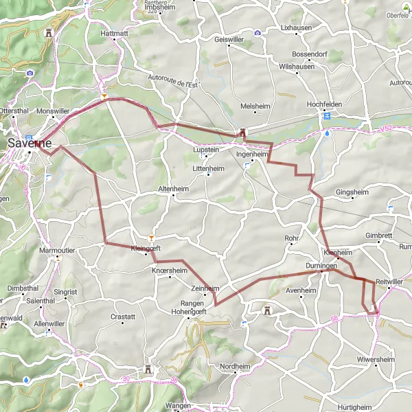 Miniature de la carte de l'inspiration cycliste "Escapade nature et patrimoine" dans la Alsace, France. Générée par le planificateur d'itinéraire cycliste Tarmacs.app