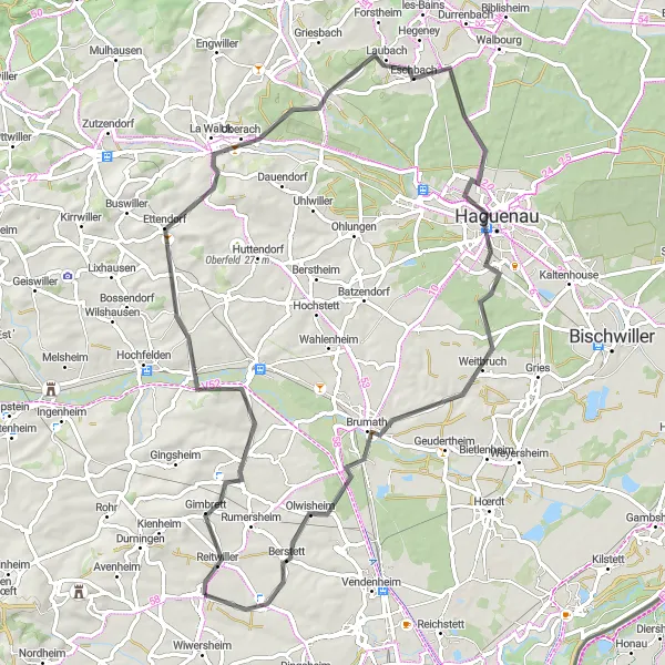 Map miniature of "Truchtersheim to Berstett Loop" cycling inspiration in Alsace, France. Generated by Tarmacs.app cycling route planner