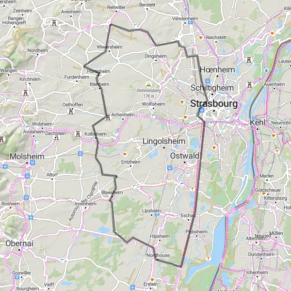 Map miniature of "Truchtersheim to Wiwersheim Loop" cycling inspiration in Alsace, France. Generated by Tarmacs.app cycling route planner