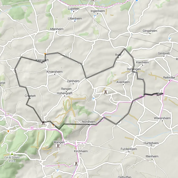 Miniature de la carte de l'inspiration cycliste "Les collines d'Alsace: De Truchtersheim à Durningen" dans la Alsace, France. Générée par le planificateur d'itinéraire cycliste Tarmacs.app