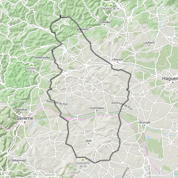 Map miniature of "The Kochersberg Ride" cycling inspiration in Alsace, France. Generated by Tarmacs.app cycling route planner