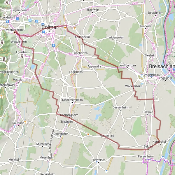 Miniature de la carte de l'inspiration cycliste "Parcours de gravel autour de Turckheim" dans la Alsace, France. Générée par le planificateur d'itinéraire cycliste Tarmacs.app
