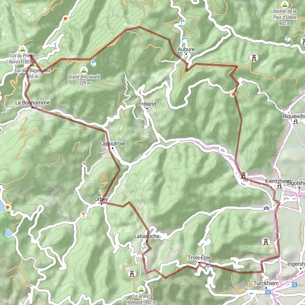 Map miniature of "Turckheim to Col de Brudermatt Gravel Loop" cycling inspiration in Alsace, France. Generated by Tarmacs.app cycling route planner