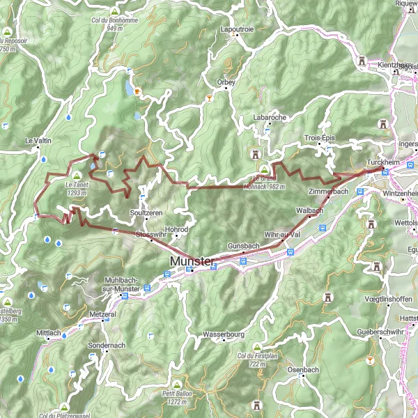 Miniature de la carte de l'inspiration cycliste "Parcours vers Le Grand Hohnack en Gravel" dans la Alsace, France. Générée par le planificateur d'itinéraire cycliste Tarmacs.app