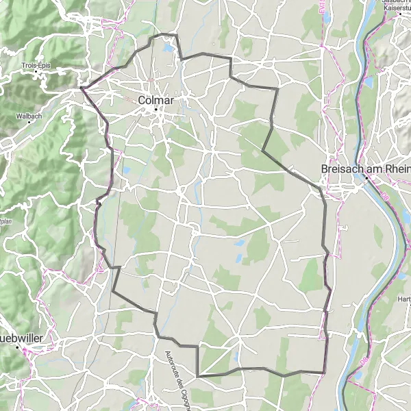 Miniature de la carte de l'inspiration cycliste "Parcours routier entre les vignes d'Alsace" dans la Alsace, France. Générée par le planificateur d'itinéraire cycliste Tarmacs.app