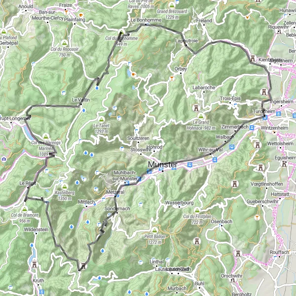 Map miniature of "Grand Tour of the Vosges Mountains" cycling inspiration in Alsace, France. Generated by Tarmacs.app cycling route planner