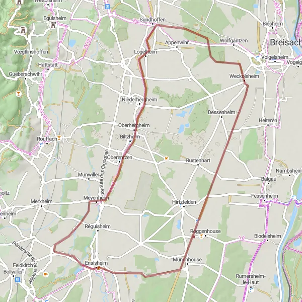 Miniature de la carte de l'inspiration cycliste "Parcours de gravel autour d'Ungersheim" dans la Alsace, France. Générée par le planificateur d'itinéraire cycliste Tarmacs.app