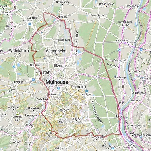 Map miniature of "Battenheim to Ungersheim Gravel Challenge" cycling inspiration in Alsace, France. Generated by Tarmacs.app cycling route planner