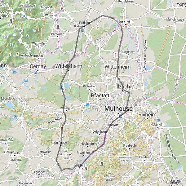 Map miniature of "Alsace Vineyards and Hills" cycling inspiration in Alsace, France. Generated by Tarmacs.app cycling route planner