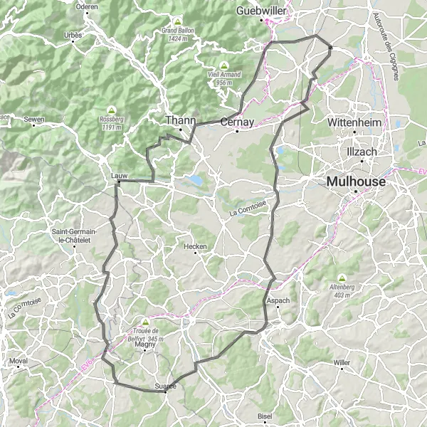 Miniature de la carte de l'inspiration cycliste "Boucle à vélo de route autour d'Ungersheim" dans la Alsace, France. Générée par le planificateur d'itinéraire cycliste Tarmacs.app