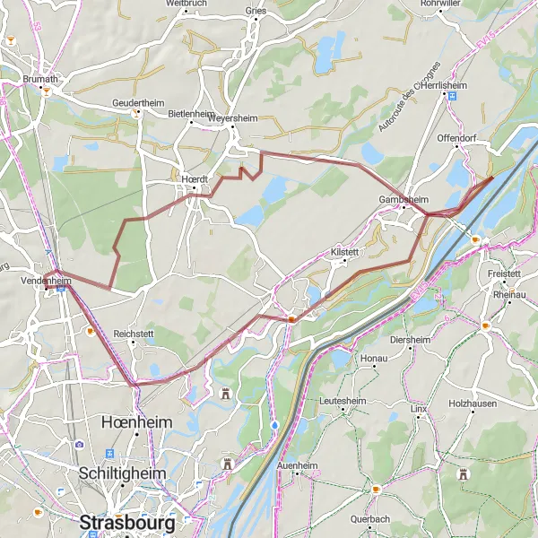 Map miniature of "Vendenheim to Hœrdt" cycling inspiration in Alsace, France. Generated by Tarmacs.app cycling route planner