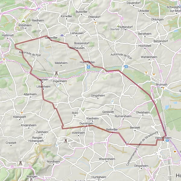 Map miniature of "Vendenheim to Kienheim and back" cycling inspiration in Alsace, France. Generated by Tarmacs.app cycling route planner