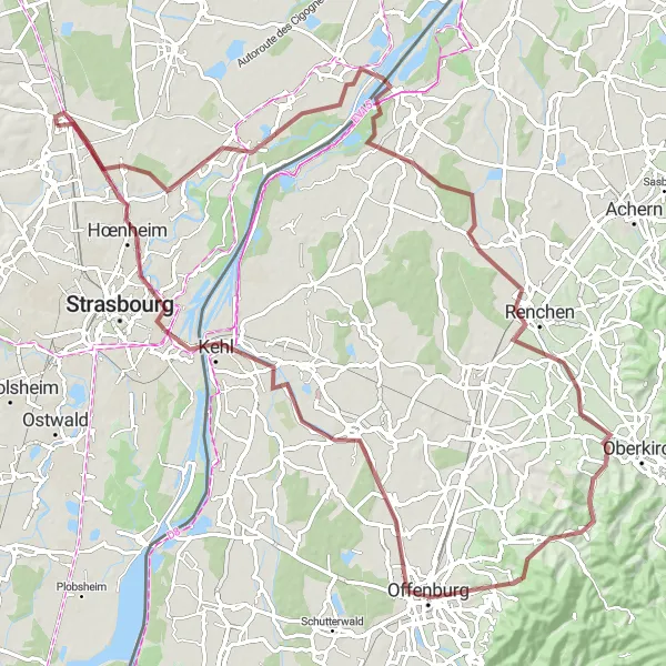 Map miniature of "Vendenheim to Willstätt Circular Route" cycling inspiration in Alsace, France. Generated by Tarmacs.app cycling route planner