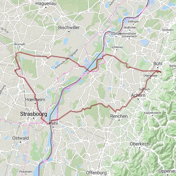 Miniature de la carte de l'inspiration cycliste "Circuit des Châteaux d'Alsace" dans la Alsace, France. Générée par le planificateur d'itinéraire cycliste Tarmacs.app