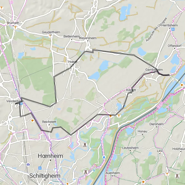 Map miniature of "Weyersheim Discovery" cycling inspiration in Alsace, France. Generated by Tarmacs.app cycling route planner