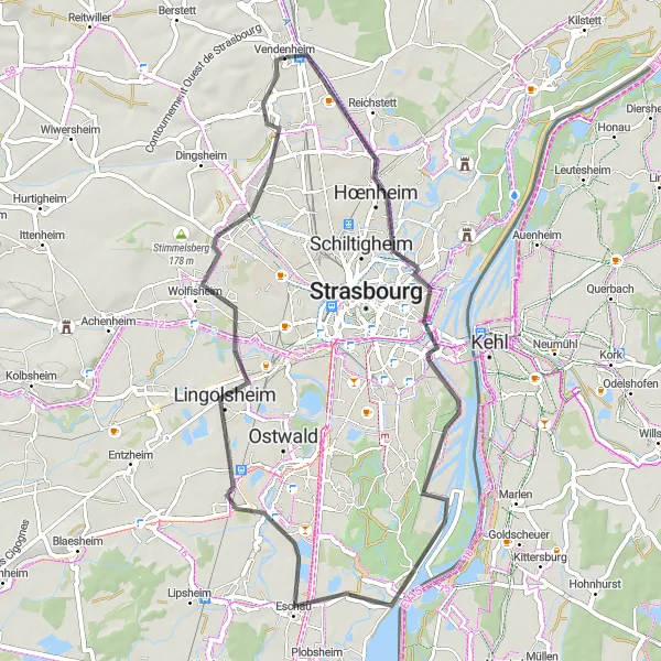 Map miniature of "Vendenheim Circuit" cycling inspiration in Alsace, France. Generated by Tarmacs.app cycling route planner