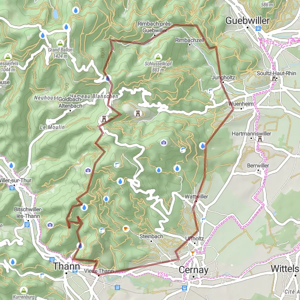 Map miniature of "Thann Gravel Adventure" cycling inspiration in Alsace, France. Generated by Tarmacs.app cycling route planner