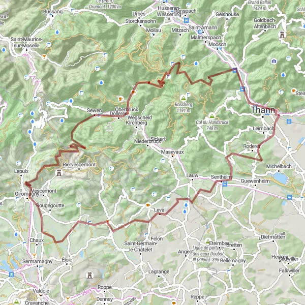 Map miniature of "Off the Beaten Path" cycling inspiration in Alsace, France. Generated by Tarmacs.app cycling route planner