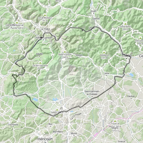 Map miniature of "Climb to the Summit" cycling inspiration in Alsace, France. Generated by Tarmacs.app cycling route planner