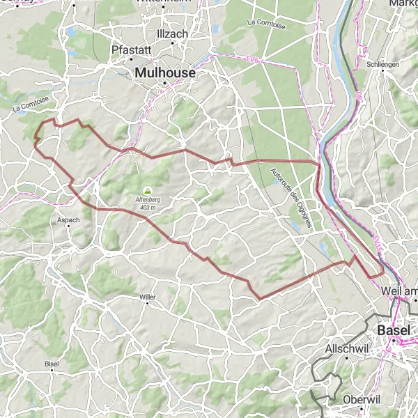 Miniature de la carte de l'inspiration cycliste "La Boucle de Blotzheim" dans la Alsace, France. Générée par le planificateur d'itinéraire cycliste Tarmacs.app