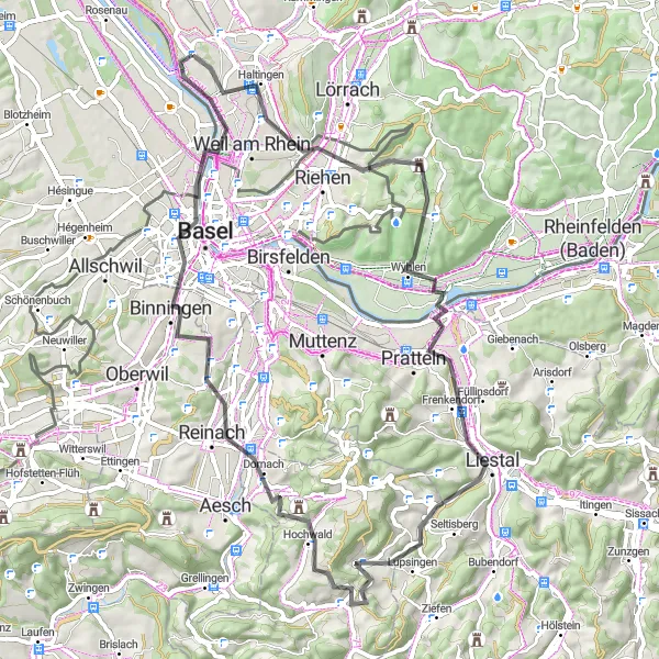 Miniature de la carte de l'inspiration cycliste "Tour des Trois Pays" dans la Alsace, France. Générée par le planificateur d'itinéraire cycliste Tarmacs.app